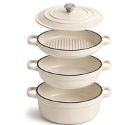 AHJ 4 Casseroles en Fonte Émaillée, Ensemble de cocottes avec poêle à Pain de 4,5 L, rôtissoire de 2,5 L, poêle à Griller de 1,2 L et Couvercle, antiadhésif, va au Four jusqu'à 260°C, Blanc