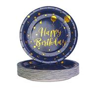 AHPYEUHK 50 PCS Assiette Jetable Anniversaire 17,8cm Assiettes en Carton Papier Party Vaisselle Jetable pour Decoration BBQ Party Fête Mariages Camping (Or bleu)