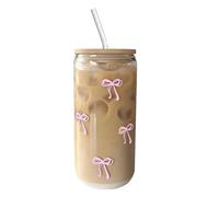 Ahuuen Verres À Café En Verre Équipés De Couvercle Et Paille - 500ml Gobelet Mignon avec Noeud | Bocal De Boisson - Pour Café Glacé, Cocktail, Thé Matcha, Eau De Boisson, Filles Adolescentes, Bar À