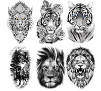 AIBAOBAO 6 Feuilles Tatouages Temporaires, Faux Tatouage Homme Femme 21 x 15 cm, Tatouage Tigre Lion Loup, Tatouage Autocollant 3D Imperméables, Tatouage pour Cou Torse Bras Dos Cuisse Corps Poitrine