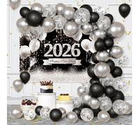 AIBIIN Lot de 79 décorations pour le Nouvel An 2025 - Fournitures de fête - Noir et argenté - Toile de fond pour le Nouvel An 2025 - Décorations de fête pour le Nouvel An