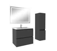 AICA Ensemble de Meubles Mural Salle de Bain avec Vasque + Miroir LED | Meuble salle de bain 60cm avec céramique lavabo,Colonne et miroir LED anti-buée,2 tiroirs,Fonction soft-close,Anthracite