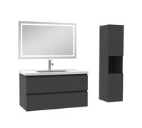AICA Ensemble Meuble Salle de Bain 100cm avec Vasque, Colonne et Miroir LED | Anti-buée+Dimmable+Mémoire,Meuble Lavabo Céramique Salle de Bain,2 Tiroirs,Fonction Soft-close,Montage Mural,Anthracite