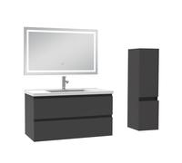 AICA Ensemble Meuble Salle de Bain 100cm avec Vasque, Colonne et Miroir LED | Anti-buée+Dimmable+Mémoire,Meuble Lavabo Céramique Salle de Bain 100cm,2 Tiroirs,Fonction Soft-close,Montage Mural,Anthracite