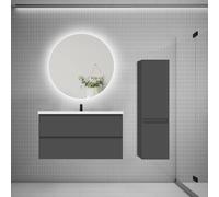 AICA Ensemble Meuble Salle de Bain avec Vasque 100cm + Colonne et Miroir | Meuble Lavabo Salle de Bain avec Simple Vasque Céramique,Miroir Rond Luminosité LED 90cm,Anti-Buée + Mémoire,Anthracite