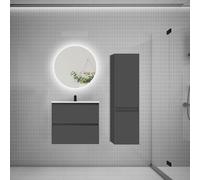 AICA Ensemble Meuble Salle de Bain avec Vasque 60cm + Colonne et Miroir | Meuble Lavabo Salle de Bain avec Simple Vasque Céramique,Miroir Rond Luminosité LED 60cm,Anti-Buée + Mémoire,Anthracite