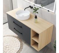 AICA Meuble Lavabo Salle de Bain 120cm avec Simple Vasque Céramique, 2 Tiroirs et 2 Niches Ouvertes, 4 Espaces de Rangement, Couleur Anthracite & Chêne Wotan