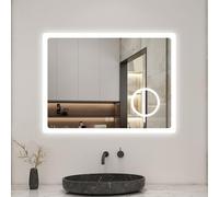 AICA Miroir Salle de Bain rectangulaire 80 x 60cm, Bluetooth + 3 Couleurs + dimmable + grossissant + Anti-buée + mémoire, Miroir Lumineux Mural