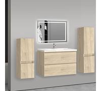 AICA sanitaire Ensemble de Meuble de Salle de Bain chêne Clair 79cm+Vasque+Miroir+Colonne Meuble Salle de Bain-Armoire de Rangement-Meubles-lavabos