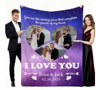 Aiebill Couverture personnalisée avec 3 photos personnalisées avec collage de cœur « I Love You » - Cadeaux personnalisés pour famille, maman, papa, mari, épouse, petit ami, petite amie