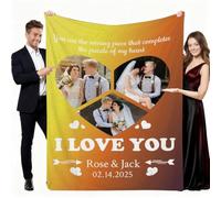 Aiebill Couverture personnalisée avec texte à 3 photos personnalisable I Love You Heart Collage Photo pour couples, cadeaux de Noël, d'anniversaire pour petit ami, petite amie
