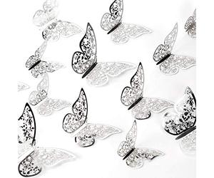 AIEX 24pcs Ornements De Papillons 3D Autocollants Amovibles Vifs avec 3 Tailles Différentes (Argent)
