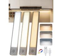 Aigostar Lampe de placard avec Détecteur de Mouvement - 3x Barres Magnétiques 20.4cm， Lampe de Placard Cuisine avec Batterie 1100mAh， USB-C， Luminosité/Couleur Réglable， Adhésif 3M