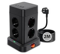 Aigostar Multiprise avec Interrupteur, Tour Multiprise 8 Prises et 4 USB（2 USB-A&2 USB-C Max 5V/3.4A, Parafoudre et Surtension, 2M Câble à la Maison et au Bureau Noir Prise de Type Allemand