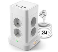 Aigostar Multiprise avec Interrupteur, Tour Multiprise 8 Prises et 4 USB（2 USB-A&2 USB-C Max 5V/3.4A, Parafoudre et Surtension, 2M Câble à la Maison et au Bureau Blanc Prise de Type Allemand