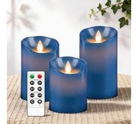 AiiBowy Bougies LED [3 PCS] - Sans flamme, En Véritable Cire, Télécommande, Bougies d'extérieur, Flamme vacillante - Bougies Piliers pour Décoration D'ambiance Intérieure & Noël Mariage Fête (Bleu)