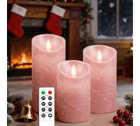 AiiBowy Bougies LED [3 PCS] Sans flamme, En Véritable Cire, Télécommande, Bougies d'extérieur, Flamme vacillante, Minuterie de contrôle, Décoration D'ambiance Intérieure & Noël, Mariage, Fête (Rose)