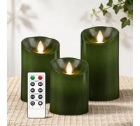 AiiBowy Bougies LED [3 PCS] - Sans flamme, En Véritable Cire, Télécommande, Bougies d'extérieur, Flamme vacillante - Bougies Piliers pour Décoration D'ambiance Intérieure & Noël, Mariage, Fête (Vert)