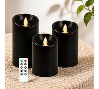 AiiBowy Bougies LED [3 PCS] - Sans flamme, En Véritable Cire, Télécommande, Bougies d'extérieur, Flamme vacillante - Bougies Piliers pour Décoration D'ambiance Intérieure & Noël Mariage Fête (Noir)