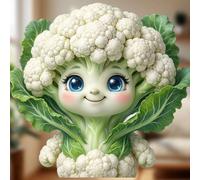 Aimant mignon de chou-fleur assis : Coiffure florale blanche et moelleuse, corps dodu, feuilles vertes sur les côtés, grands yeux brillants et joues roses, doux sourire et tige fine - Un ami végétal i