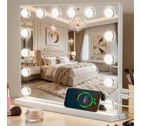 AIMAX Hollywood Miroir de Coiffeuse avec éclairage, 14 lumières LED avec 3 températures de Couleur, Miroir cosmétique à intensité Variable avec Ports de Charge, contrôle Tactile, 50 x 42 cm (Blanc)