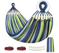 AIMOONSA Hamac suspendu 2 places Bleu 275 x 155 cm avec barre bois anti-basculement - capacité 250 kg