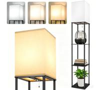 Aimosen Lampadaire LED avec Étagère, Lampadaire Moderne à 3 Niveaux en Bois et Métal, 3 Températures de Couleur, Abat-jour en Lin, Lampe sur Pied avec Rangement pour Salon, Chambre et Bureau, Noir