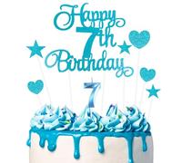 Ainiv 8pcs Décorations de Gâteau « Joyeux 7e Anniversaire », Bleu | Bougie Numéro 7 pour Gâteau D'anniversaire, Décoration de Gâteau en Forme D'Étoile et Cœur Pour Fête de D'anniversaire