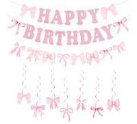 Ainiv Banderole joyeux anniversaire avec nœud, decoration anniversaire rose, 1 banderole “Happy Birthday”, 1 banniere nœud(8 nœuds), 7 pendaison