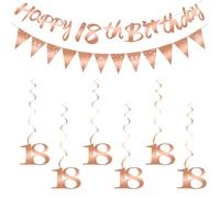 Ainiv Joyeux Anniversaire Banderole, 1 Banderole “Happy 18th Birthday”, 1 Bannière Fanion, 6 Numéro 18 Spirale Suspendus, Décoration Fête d'anniversaire, Or Rose