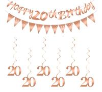 Ainiv Joyeux Anniversaire Banderole, 1 Banderole “Happy 20th Birthday”, 1 Bannière Fanion, 6 Numéro 20 Spirale Suspendus, Décoration Fête d'anniversaire, Or Rose