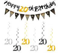 Ainiv Joyeux Anniversaire Banderole, 1 Banderole “Happy 20th Birthday”, 1 Bannière Fanion, 6 Numéro 20 Spirale Suspendus, Décoration Fête d'anniversaire, Noir Or