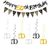 Ainiv Joyeux Anniversaire Banderole, 1 Banderole “Happy 50th Birthday”, 1 Bannière Fanion, 6 Numéro 50 Spirale Suspendus, Décoration Fête d'anniversaire, Noir Or