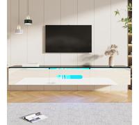 AIORBER Buffet TV moderne 180 cm avec façade brillante, éclairage LED 16 couleurs et option de montage mural - Noir Blanc