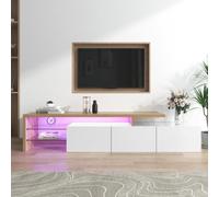 AIORBER Buffet TV moderne 197.5 cm avec façade brillante, aspect bois, étagères en verre, espace de rangement généreux & éclairage LED 7 couleurs - Blanc Naturel