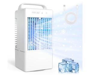 AIORBER - Climatiseur mobile 4-en-1, mini refroidisseur d'air avec réservoir d'eau de 900 ml, climatiseur portable, ventilateur USB, humidificateur, 3 vitesses, éclairage à 7 couleurs, blanc