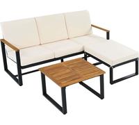 AIORBER Ensemble de meubles de jardin, salon d'angle, canapé + table basse + tabouret de pied, tube d'acier galvanisé,plateau de table en acacia, pour jardins, piscines, beige
