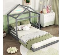 AIORBER Lit d'enfant, 140 x 200 cm,structure stable, avec sommier à lattes,en pin et MDF,design moderne de cabane, facile à monter, rose (sans matelas)