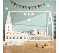 AIORBER Lit d'enfant, 140x200 cm, stable et durable, garde-corps, bois de pin, barre de maison, lit plat，Protection de sécurité, pour chambre d'enfant, blanc