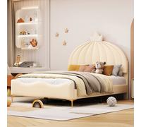 AIORBER Lit d'enfant, 140x200cm, design tête de lit citrouille, cadre métallique,tissu en similicuir,facile d'entretien, avec panneau volant,sommier à lattes,lit rembourré, beige