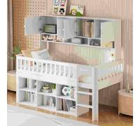 AIORBER Lit d'enfant, 90x200 cm, avec 6 compartiments de rangement, Design sûr en escalier, laqué blanc, stable et peu encombrant, Matériaux de haute qualité, Blanc