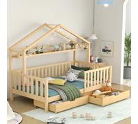 AIORBER Lit d'enfant, 90x200 cm, en pin, avec 2 tiroirs & étagère, bois massif avec sommier à lattes, lit d'intérieur, design minimaliste, naturel