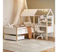 AIORBER Lit d'enfant, 90x200cm, avec bureau en L,rampes arrondies, bois massif, protection contre les chutes, stable et sûr, sommier à lattes, gain de place, blanc
