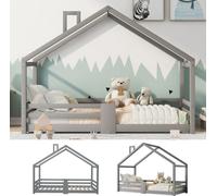 AIORBER Lit d'enfant, avec design de cheminée, sommier à lattes, grille à quatre côtés, pin, sécurité anti-chute, 90 x 200 cm, gris