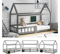 AIORBER Lit d'enfant, forme de toit, cadre avec lattes anti-écailles, en pin, avec tableau, 90 x 200 cm, gris