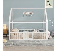 AIORBER Lit d'enfant, lit plat, 140 x 200 cm, cadre de lit métallique, avec design de toit, rampes & portes, sans matelas, pour garçons, filles, blanc