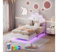 AIORBER Lit d'enfant, lits rembourrés, 90x200cm,forme de couronne,design de nuage,lit de princesse, sommier avec barre de LED changeant de couleur, hauteur de lit réglable