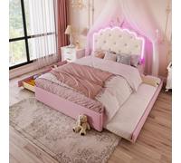 AIORBER Lit rembourré, 140x200 cm, avec sommier à lattes et 2 tiroirs, avec lit à roulettes extensible, forme de princesse héritière, lit avec LED, lit d'enfant, rose