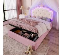 AIORBER Lit rembourré, 140x200cm, avec sommier à lattes, lit boxspring hydraulique avec espace de rangement, style princesse héritière, éclairage ambiant LED, lit enfant, rose