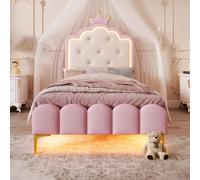 AIORBER Lit rembourré, 90x200cm, avec sommier à lattes (sans matelas), forme de princesse héritière, sommier avec lumière d'ambiance LED, pieds en métal, lit d'enfant, rose